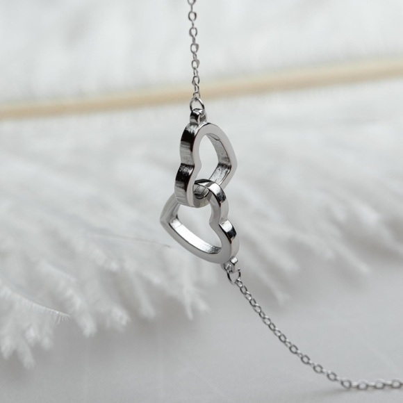 Charter Club Double Heart Interlocking Necklace โ 925 Sterling Silver - Picture 1 of 8